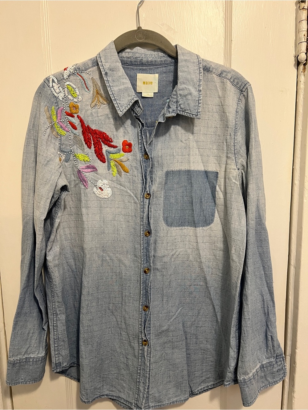 MAEVE ANTHROPOLOGIE Embroidered Sequin  Denim Chambray Button Down Floral - Picture 2 of 10